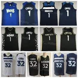 Man Basketball Edwards Jersey 1 Karl Anthony-Towns 32 Team Color Navy Blue Black White لعشاق الرياضة التطريز والخياطة النقي