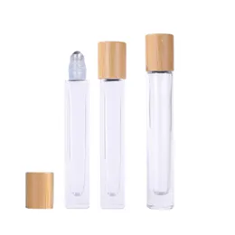 Round Environmental bamboo Wooden Lid Steel Bead bottle 10ml Cosmetic Packaging Clear Square Thick Bottom Glass Essential Oil Vials