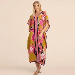 Casual Dresses Hanky Scarf Print Women Dress Arabic Style Floral Pattern Caftan Contrast Design V-Neck Floaty Maxi Luxe Beach Cover Ups
