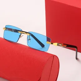 Solglasögon män trendiga solglasögon för kvinnor enkel rinless metallram prydnadsguld modifierad arm UV400 strand catwalk show mini modedesigner glasögon med låda