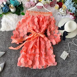 Casual Dresses One-line Neck Strapless Three-dimensional Flower Super Fairy Dress Puff Sleeves Waist Slimming Lace Mid-length SkirtCasual