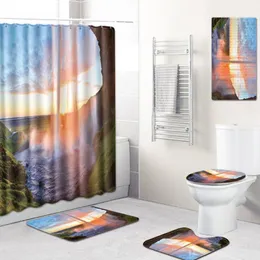 Bath Mats Waterfall Shower Curtain Bathroom Mat Toilet Cover Non-Slip Household Kitchen Pad Five-Piece Carpet