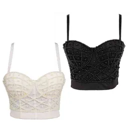 Women Sexy Spaghetti Strap Bustier Bra Imitation Pearl Beaded Push Up Camisole Vest Club Party V-Neck Corset Crop Top