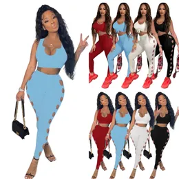 Designer Rib Sticked Tracksuits For Womens Two Piece Pants Set Summer Sexy U-Neck Vest Hollow Out Leggings Clothing