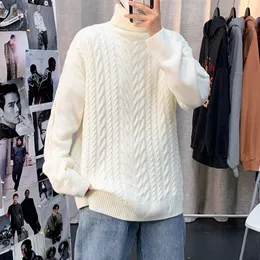 白いセーターの男性タートルネック男性長袖ケーブルニットセーター韓国のファッションストリートウェアセーターメンセーターl220801