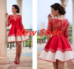 UPS short cocktail dresses red half sleeves homecoming dresses full lace sheer jewel neck evening party dresses see through back
