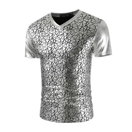 여름 짧은 슬리브 v- 넥 티셔츠 남자 캐주얼 브론 징 기하학적 인쇄 나이트 클럽 tshirt 남자 힙합 스트리트웨어 티 셔츠 homme l20704