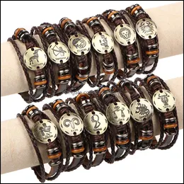 Charm armband smycken vintage 12 horoskop l￤der punk hasp l￥s fl￤tat armband stj￤rnbockar bangling f￶r herrvinnor mode dropp deli