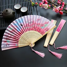 Chinese Japanese Silk Vintage Folding Fan Party Favor Wooden Shank Classical Dance Fan High Quality Tassel Elegent Female Fans Home Decoration