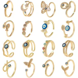 Gold Evil Blue Eye Ringe, Zirkon, verstellbar, einfacher Stil, Schwanzring, Kupfer, tropfendes Öl, Schmuck, Ring, Geschenk für Frauen und Mädchen