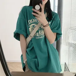 DAYIFUN Tshirt Half Sleeve Female Green Letter Printing Tees Loose Casual Oneck Fashion Top's Clothing Summer 220602