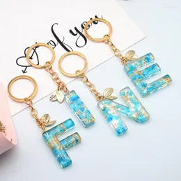 Keychains Cute Blue Floral Crystal Resin 26 Letters Pendant Keychain Women Girls A To Z Key Chain Ring Luxury Bag Charms Accessories Gift En