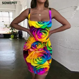 SOMEPET Colorful Dresses Women Flowers Sundress Creativity Ladies Art Vestido Sexy Womens Clothing Plus Size Beach 220521