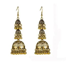 Ethnische Damen 3-lagige Glöckchen Jhumka Baumeln Ohrringe Bijoux Vintage Böhmen Perlen Quaste Lange Ohrringe Stamm Indischer Schmuck