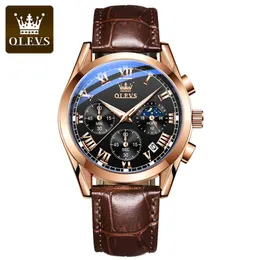 Olevs 2871 Lässige Herrenuhr mit Edelstahlrückseite, wasserdicht, Chronograph, Quarzuhr, Lederarmbanduhr für Herren