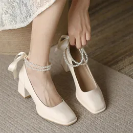 High Heels Women Sandals Chunky Mary Janes Lolita Shoes Summer Bow Sexy Pumps String Bead Luxury Women Shoes Zapatos 220516