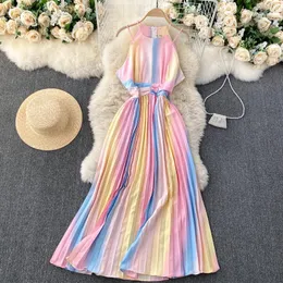 Casual Dresses Long For Women 2022 Gradient Color Vacation Boho Beach Summer Dress Sleeveless Halter Spaghetti Strap Sexy Pleated
