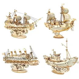 Robotime 4 Kinds DIY Vintage Sailing Ship 3D Wooden Puzzle Game Assembly Boat Toy Gift for Children Teens Adult TG 220715