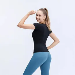 Lu Tech kısa Kollu üstler ve tees t-shirt Elastik Spor Yoga Gömlek Kadın Ince Örgü Koşu Spor Hızlı Kuru Siyah Spor Tişörtü