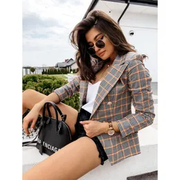 Damenanzüge Blazer Breasted Double Metal Jacket Anzug Kleiner Knopf Lang Herbst Plaid Sleeve Fashion Casual Damen Temperament JacWomen's