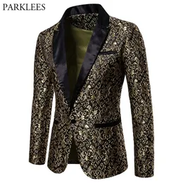 Золотой жаккардовый бронзовый пиджак с цветочным принтом для мужчин, брендовый мужской лоскутный пиджак на одной пуговице, куртка для вечеринки, сценический костюм певицы Homme 220812