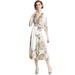 Casual Dresses BunniesFairy 2022 Spring Women Royal Vintage Fashion V Neck Paisley Floral Print 3/4 Sleeves Pleated Midi Dress Female ChicCa