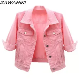 ZAWAHIKI Denim Jackets Women Tops Candy Color Solid Short Slim Vintage Casaco Feminino Three Quarter Sleeve Jaqueta Feminina 220722