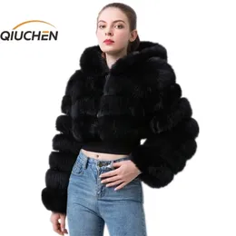 QIUCHEN PJ20032 New arrival real fur women winter short coat with hood long sleeves high quality fashion model 201112