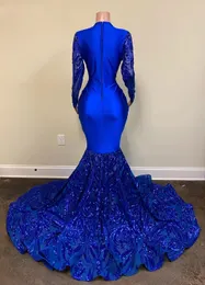 2022 Royal Blue Mermaid Dresses Prom Dresses Sparkly Lace Seleves Long Sleeves Black Girls African Celebrity Evening Bers