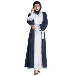 Etnisk kläder muslimsk klänning mode Mellanöstern Eid Duabi Abaya Turkiet Robe Lace Cardigan Belt klänning Löst lång donsignet