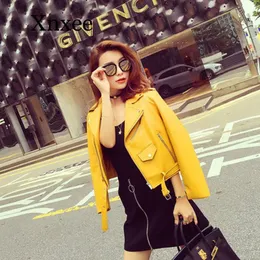 Women's Leather & Faux Punk Yellow Spring Autumn Fashion Women Jacket Short Solid Color Lapel Long Sleeve