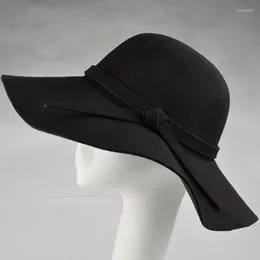 Breite Krempe Hüte Mode Frauen Hut mit Wollfilz Bowler Fedora Floppy Cloche Sun Beach Bowknot Cap Herbst HatWide Pros22