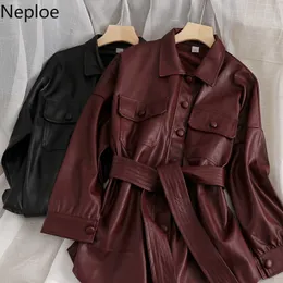 Neploe Autumn Women Long Leather Jacket Slim Bow Belt Motorcycle PU Leather Long Jacket Coat Leather Trench Coat 4e508 201029