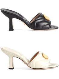 Womens Fashion Quilted Grained Leather Heeled Sandals 75mm klackar tofflor med guldton hårdvarustorlek Euro 35-42
