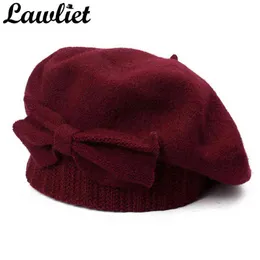 LAWLIET WOMENS BERET WINTER CAP 1920S CHIC Style 100 Cooked Wool Bow Detales Winter Beanie Skullies Baskiska franska konstnärens Bonnet J220722