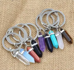 Natural stone Keychains Hexagonal prism Bullet Quartz Point Healing Crystals Chakra key chains DIY Jewelry Accessories