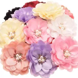 10PCS 3.2inch Smoot Chiffon Flower Rhinestone Cluster Hair Accessories for Girls Hair Bows Baby Kids Accessories AA220323