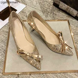 Dress Shoes Golden Grete High Heels Woman Basic Shiny Bow Pointed Sexy Fashion Party Bride Women Pumps 220316