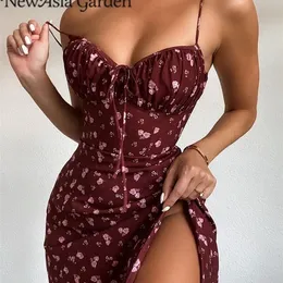 asia Wine Floral Dress Women Prairie Chic Spaghetti Straps Backless Chest Draped Lace Up Side Split Sexy Long Dresses 220507