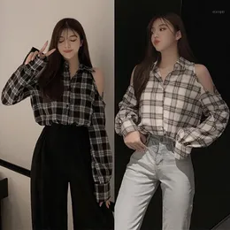 Women's Blouses & Shirts Philosophy Wonder 2022 Ladies Sexy Striped Plaid Off-the-shoulder Blouse Female Long-sleeved Loose Casual Shirt On