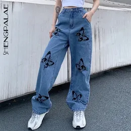 Shengpalae sommar vintage jeans kvinna långa byxor cowboy kvinnlig lös streetwear utskrift byxor 220402
