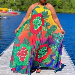 Vestidos de tamanho plus dress de verão Hail Hawaii Halter Longo Maxi Floral Impresso Boho 2022 Pleed African Casual Robe Loose VestiodPlus