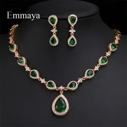 Emmaya New Arrival Rose Gold Green Waterdrop Appearance Zirconia Charming Costume Accessories Earrings And Necklace Jewelry Sets 201222