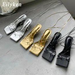 Eilyken Fashion Women Sandals Cienki niski pięta koronka w górę Rzym Sandał Summat Gladiator swobodny sandałowy sandał buty duży rozmiar 40gfakheqq