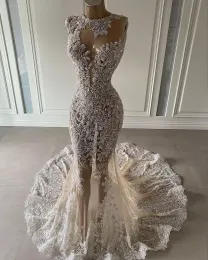 2022 Champagne Mermaid Wedding Dresses Bridal Gown Sexy Illusion Bodice Lace Applique Custom Made Sweep Train Sleeveless Plus Size vestidos de novia mariee