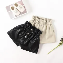 PU Leather Shorts for Kid Girls Winter Thick Fleece Lining Faux Leather Short Children Casual Solid High Waist Elastic Bottom 220707