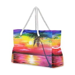 New Handbags Nylon Cloth Beach Bag Summer Large Capacity Shoulder Bag Coconut Tree Waterproof Travel Hemp Rope Sundries Tote Bag 220608