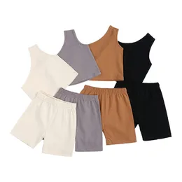 Kids Designer Clothes Girls Summer Clothing Sets Single Shoulder Halter Tops Shorts 2Pcs Suits New Solid Cuffless Suspenders Camis Pants Outfits B8047