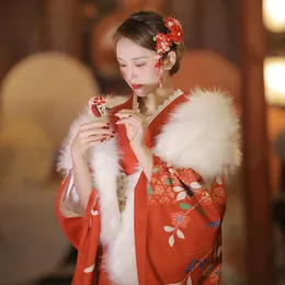 Etniska kläder japanska traditionella kvinnor kimono retro långärmad formell yukata röd färg fjäril tryck pografi klänning cosplay costumee
