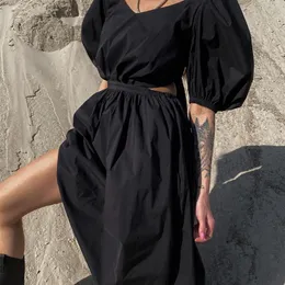 Clacive Women Summer Summer Short Sleeve Black Dress Elegant Loose High Weist Midi Es Sexy Hollow Out Backless Backless 220704